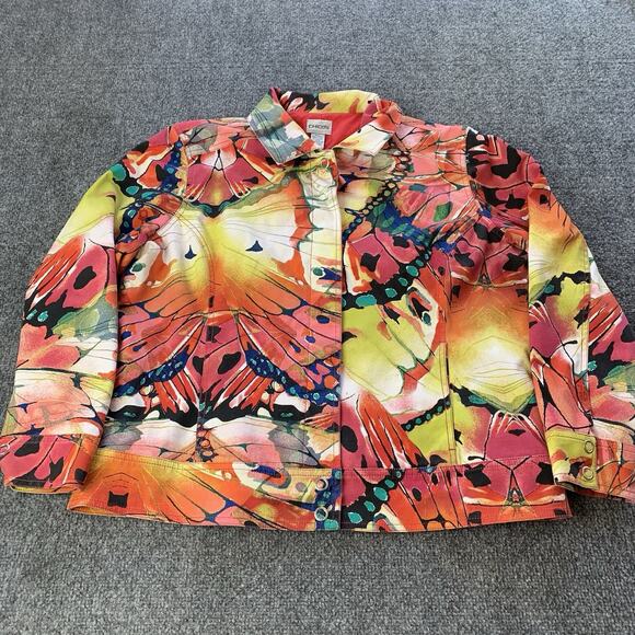 Chico’s Jacket Womens 3 Multicolor Butterfly Abstract Watercolor Snap Button - Picture 1 of 13
